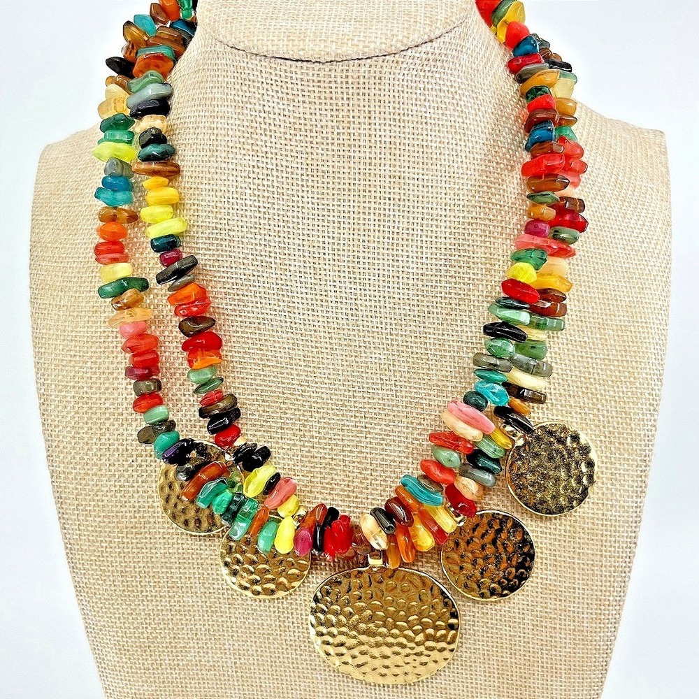 VTG Retro Multi-Strand Multi-Color Gemstone & Hammered Gold Disc Bib Necklace‎